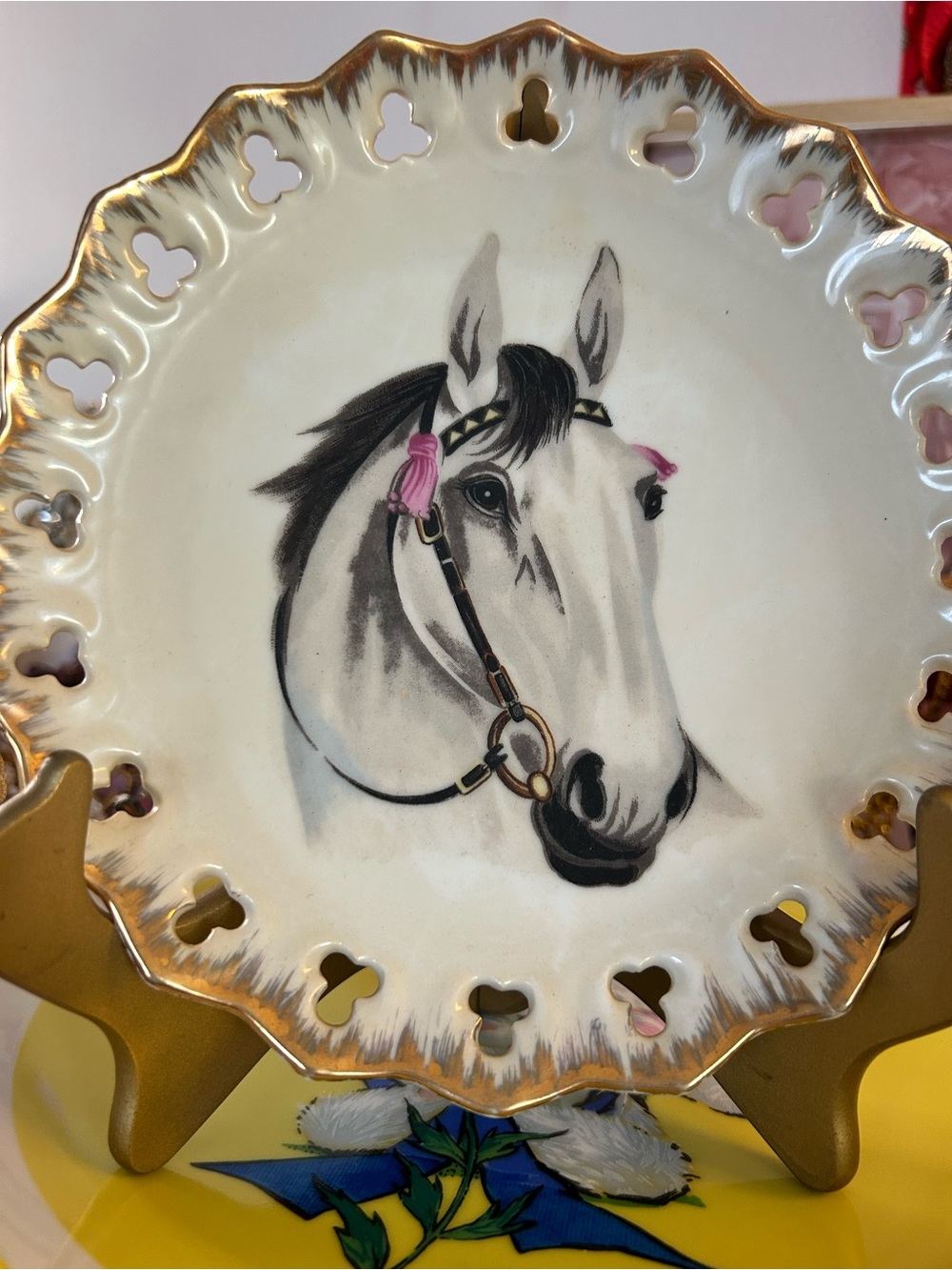 Vintage Porcelain Horse Plate Hand-Painted Red T 1144 gold trim 8.5”